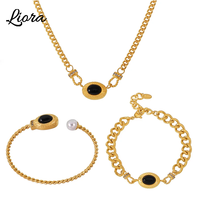 

Liora Stainless Steel Cuban Chain Necklace Bracelet Bangle For Women Black Agate Imitation Pearl Rhinestone Charm Jewelry Sets