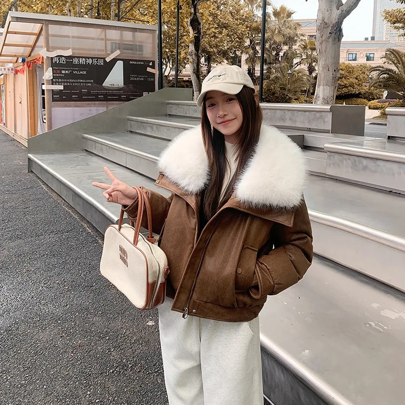 Big Fur Collar Women's Cotton Clothing Fashion Long Sleeved Patchwork Suede Jacket Autumn Winter Casual Short Quilted Coat