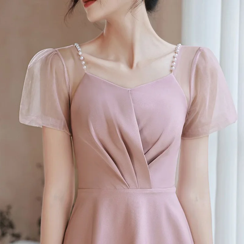 Pink satin Prom Dress Simple Pearl Beaded Square Collar Mesh Sleeve Engagement Gown A-Line Tea Length Girls Party Dresses