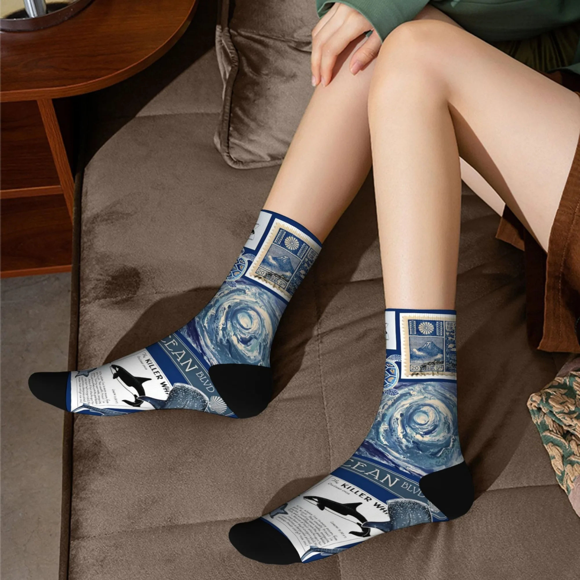 海洋愛好家のための教育ギフト 靴下 レトロな科学イラストスタイルのスタンプシールデザイン ユニークなノベルティソックス