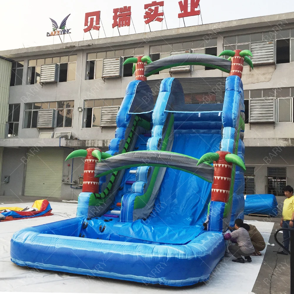 

Commercial Grade Jungle Theme Tree Blue Amusement Inflatable Water Slides With Pool