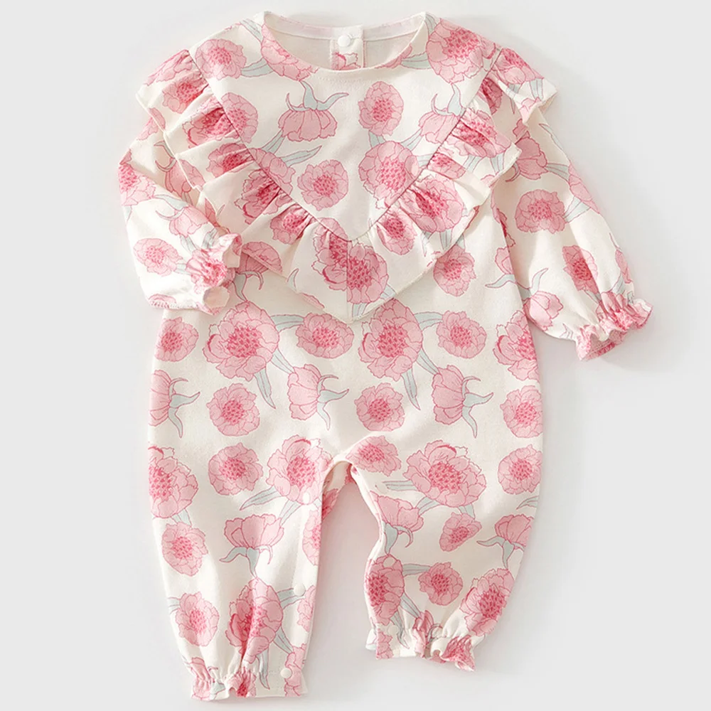 

Рождественские комбинезоны для маленьких девочек, 100% хлопок, с цветочными оборками, весенне-осенняя одежда принцессы на первый день рождения, детские комбинезоны