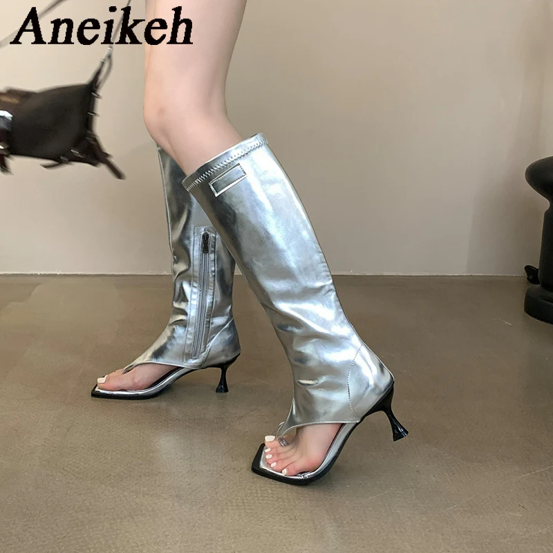 Aneikeh2024 Sexy Patent Leather Square Toe Sandals Boots Women\'s Thin Heel Side Zipper Sewing Chelsea Knee High Boots Party Club