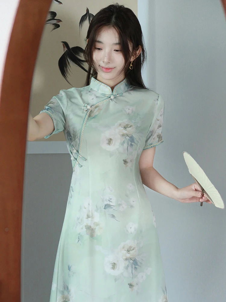 

Ele ort Sve Dr een Floral Embroidery Simple Sle Women's Dr Summer New Arrival Silk Satin Material