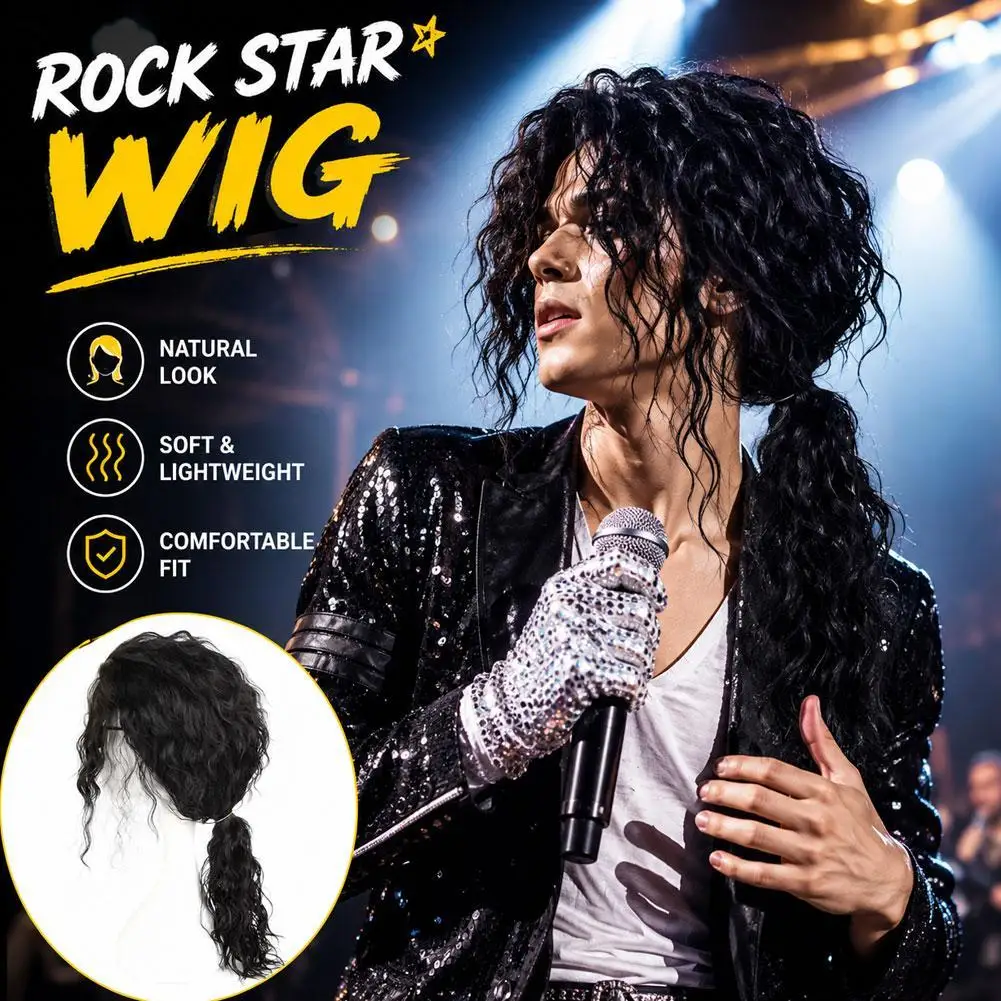 Halloween Cosplay-Perücken Anime Michael Jackson Cosplay Michael Cosplay Schwarze Perücke Michael Rollenspiel Mittellange Lockige Schwarze Haarperücke – Detail 5
