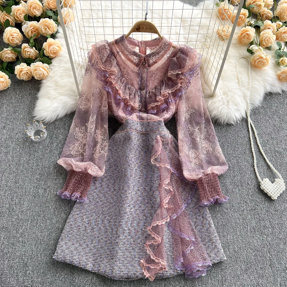 Style Socialite Temperament Sheer Mesh Embroidery French Dress Patchwork Ruffled Waist Slimming Line Skirt