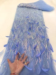 Luxury 3D Lace Fabric 5 Yards Dubai Hand Beaded Tulle Lace Fabric Embroidered Applique African Nigerian Fabric for Sewing XC5693