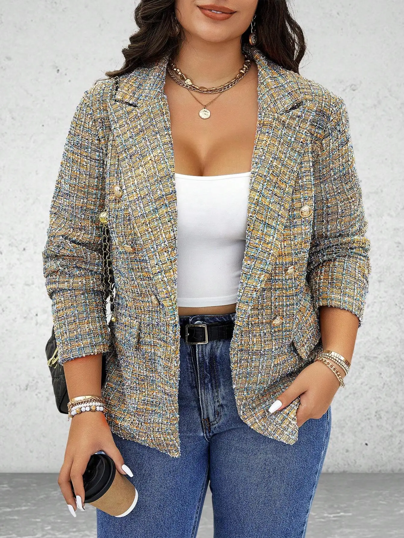 

Women's Tweed Blazer Jacket with Notched Lapel, Double-Breasted Buttons, Casual Chic Style