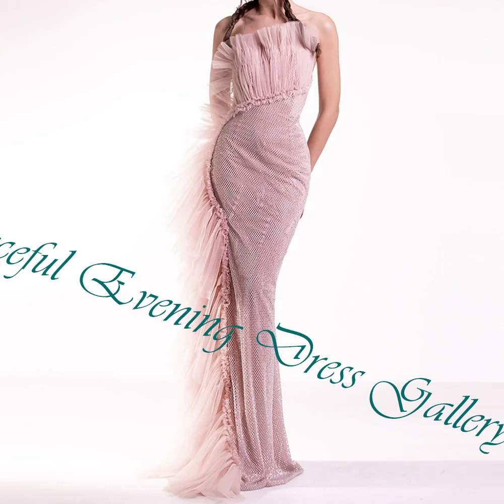 Customized Delicate  Pleat Strapless Floor Length Vestidos De Fiesta Straight Organza Sleeveless Sweep Train Vestidos Para Mujer