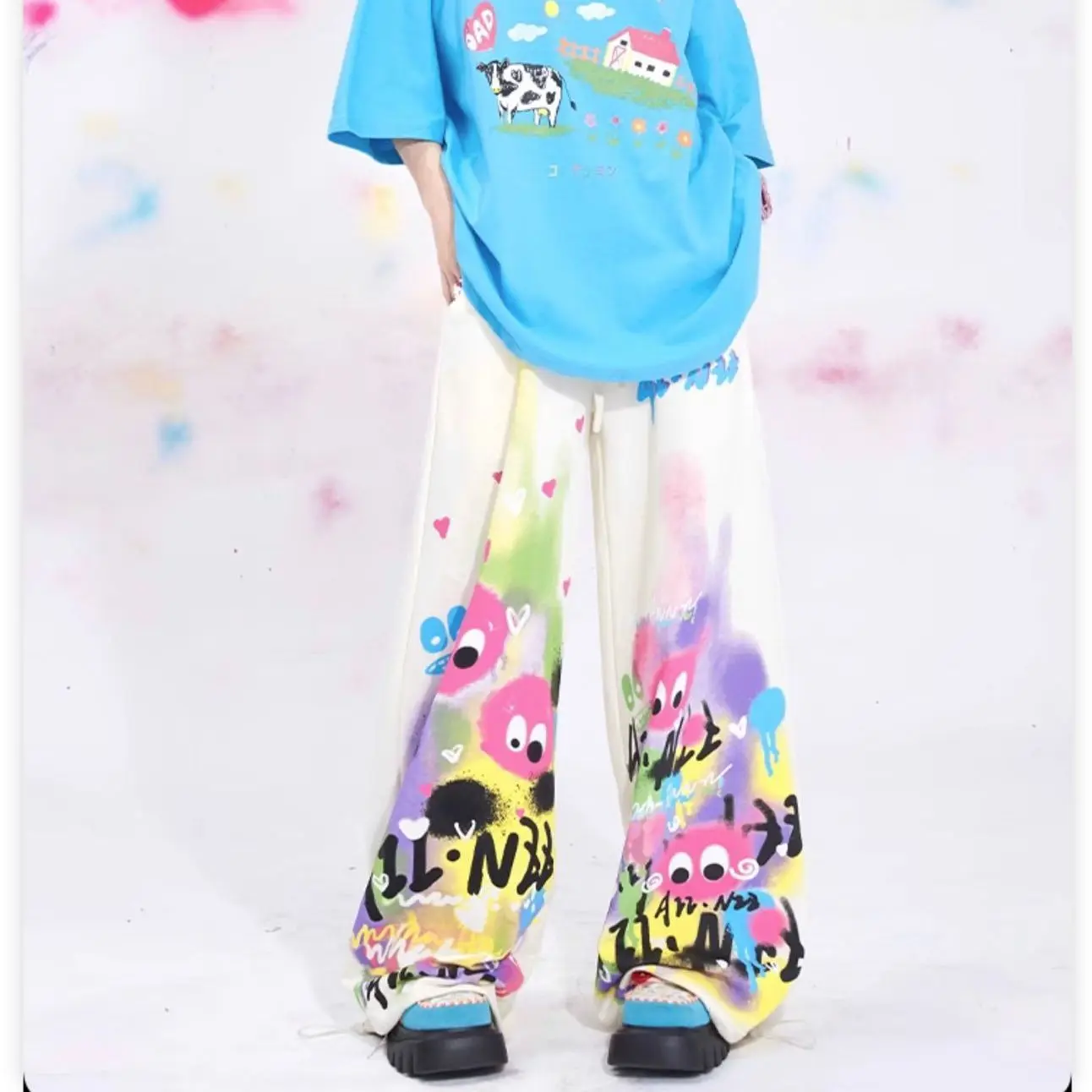 New Y2K Retro Pink Cartoon Figure Printed Overalls Trousers Female Personality Street Hip-Hop Loose Casual Dancing Sports Pants