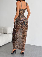 Sexy Leopard Print Corset Maxi Dress Black Lace Panel Bustier Mesh Hem Spaghetti Strap Bodycon Dresses Women's Club Party Outfit