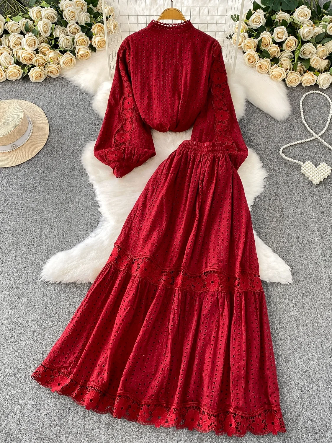 Conjunto de Duas Peças F Estilo Retrô: Csa de Botões Vazada com Renda e Saia Midi de Cintura Alta Modeladora - Moda...