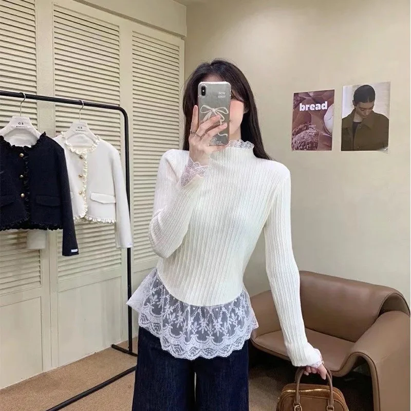 الدانتيل تقليم لصق محبوك سترة المرأة ربيع جديد f عالية طوق طويل Sve ملابس داخلية قاعدة irt الأعلى #3