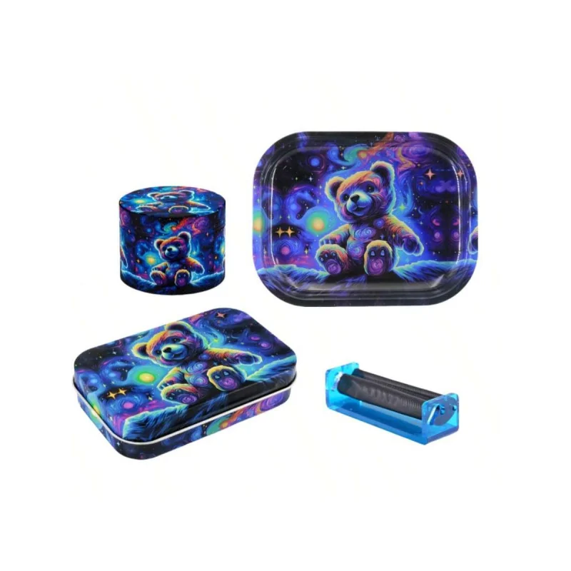 

4-piece set - Energetic Teddy Bear metal grinder, tinplate tobacco tray, 20-cigarette case and plastic manual cigarette roller