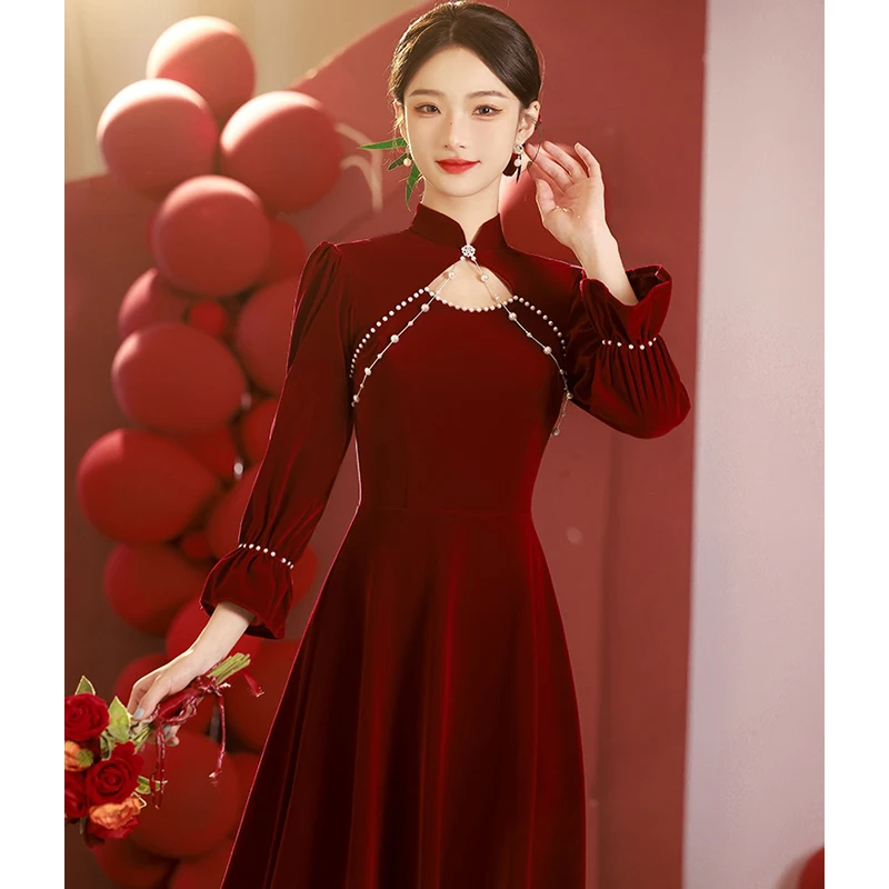 

Vintage Burgundy Dress Wedding Bride Toast Clothes Autumn Winter Long Sleeved Vestidos Women Plus Size Elegant Temperament Gown