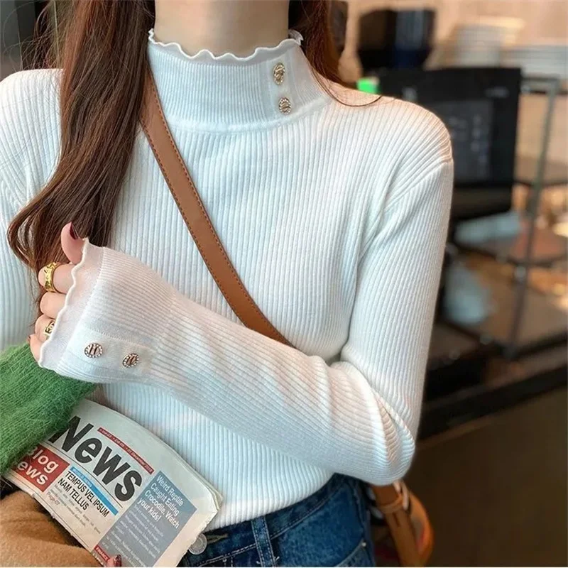 2024 Elegant Solid Basic Knitted Tops Women Turtlneck Sweater Casual Slim Pullover Korean Fashion Simple Chic Ruched Clothes