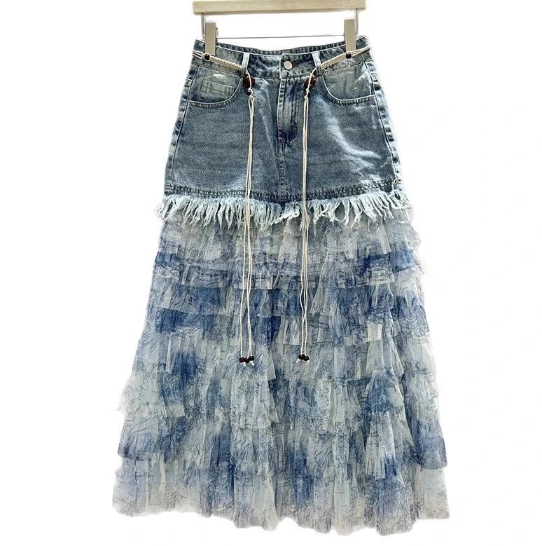 Personalizado denim emenda gaze cintura alta moda coreana saia verão menina versátil redução de idade férias longo bolo saias