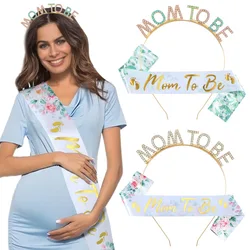 Mom to be Headband Tiara and Satin Sash for Gender Reveal Baby Showers Party Decorations Supplies Mom To Be Flower Printed Sash