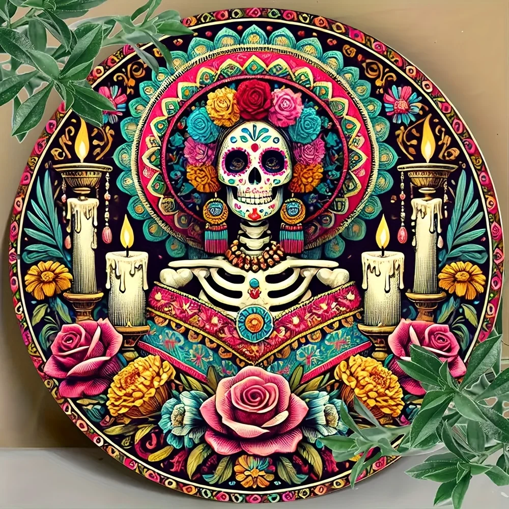 لافتة معدنية من الألومنيوم على شكل جمجمة La Catrina - فن جداري يوم الموتى للمنزل والبار والمقهى والمزرعة - هدية مثالية للعطلات #3