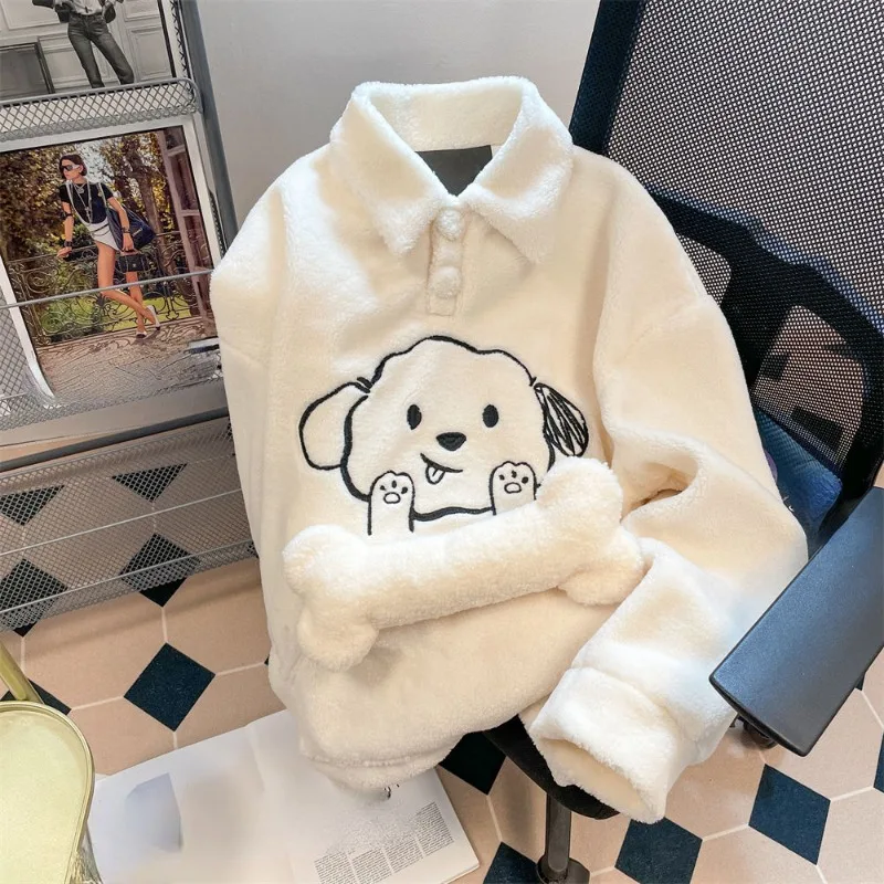 

Vintage cartoon Print Tops Women Loose Casual Harajuku Long Sleeve turn down collar Hoddies Preppy All Match Sweatshirts