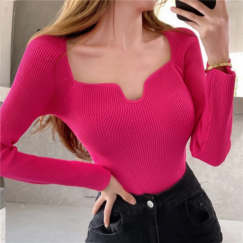 Knitted Sweater Shirts Women Square Collar Long Sleeve All-match Bottomming Knit Jumpers Split Pullovers Tops For Female