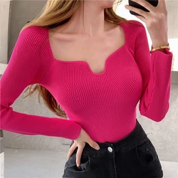 Maglioni lavorati a maglia camicie donna collo quadrato manica lunga All-match Bottomming maglioni lavorati a maglia pullover divisi top per donna