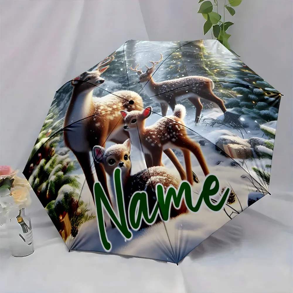 Custom Name Winter Wonderland Deer Umbrella Design Print 8 Iron Ribs Folding Umbrella Auto-Open Fashion Sunshade
