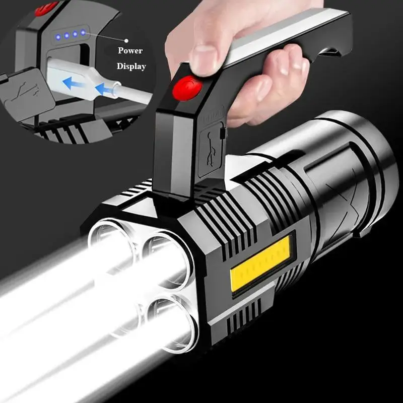 Reflector LED portátil para exteriores, luz de patrulla recargable por USB con luz lateral, luz fuerte, linterna de largo alcance