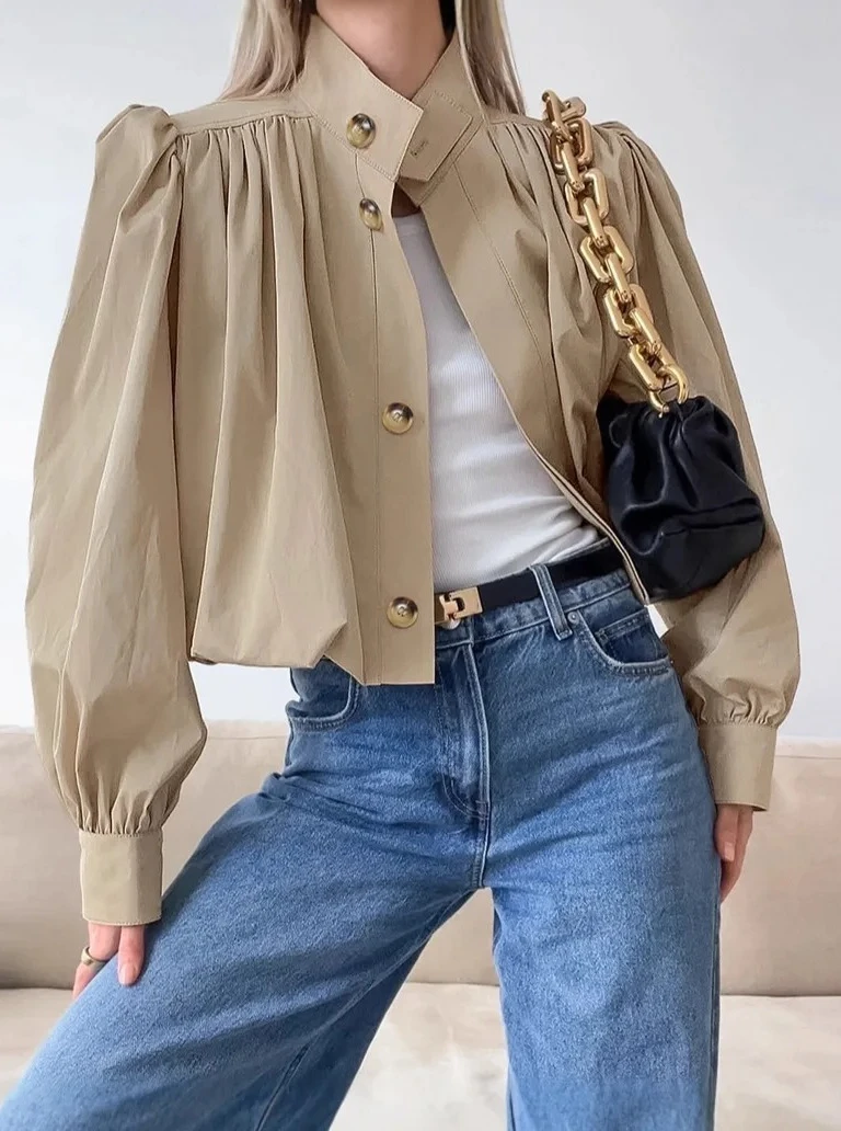 

Осенний новый стиль, британский стиль, с короткими рукавами-пузырьками, воротником-стойкой, цвет хаки, женская ветровка, куртка свободного покроя для поездок на работу