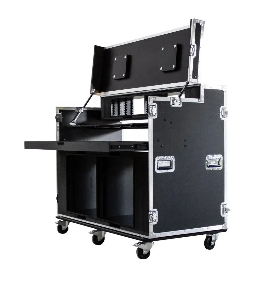 Portable custom Unit flight case with Video Production Workstation and Pull Out Drawer