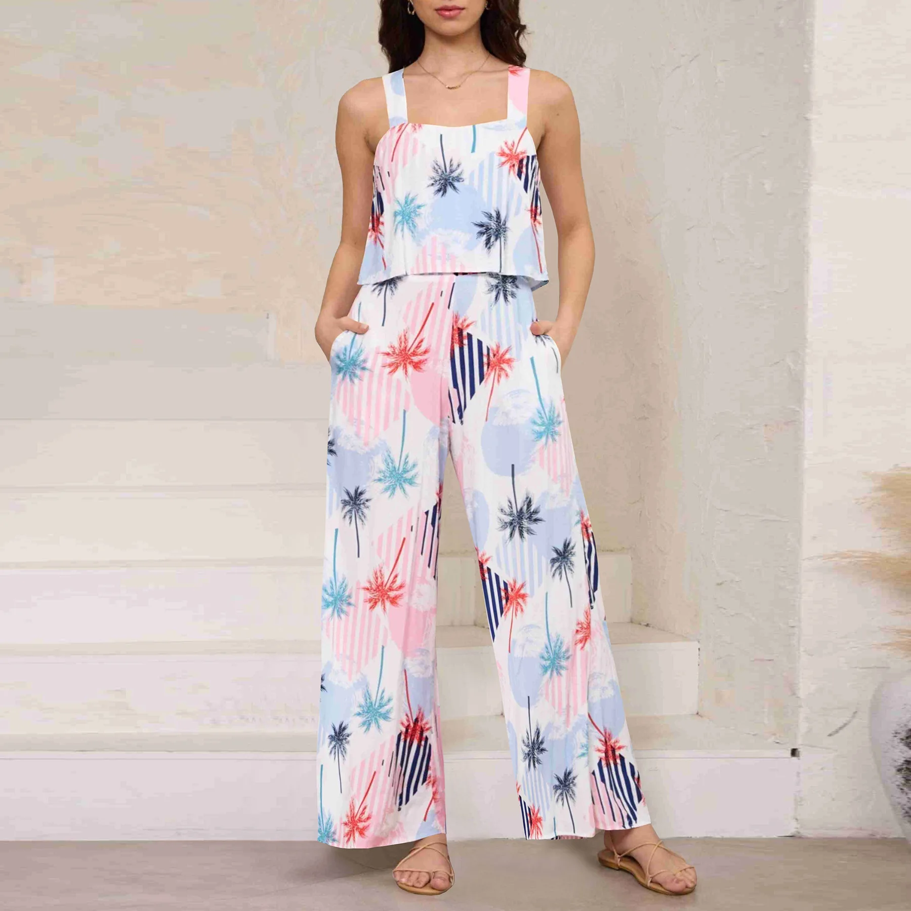 Strands til in voller Länge für Frauen drucken ärmellose lange Overalls Sommer mode lose einteilige Hosenträger Hose mit geradem Bein