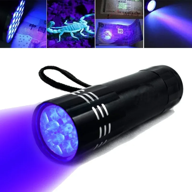 ไฟฉาย UV สีดํามินิอลูมิเนียมอัลตราไวโอเลต 9 ไฟฉาย LED Blacklight เครื่องตรวจจับคราบปัสสาวะสัตว์เลี้ยงไฟฉาย UV Super Bright