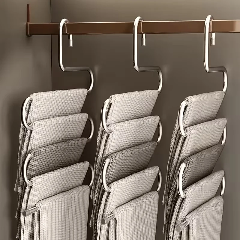 3pcs Stainless Steel Pant Hanger S-Shaped, Non-Slip, Space-Saving Multi-Layer Jeans and Trousers Organizer, Polished Surface
