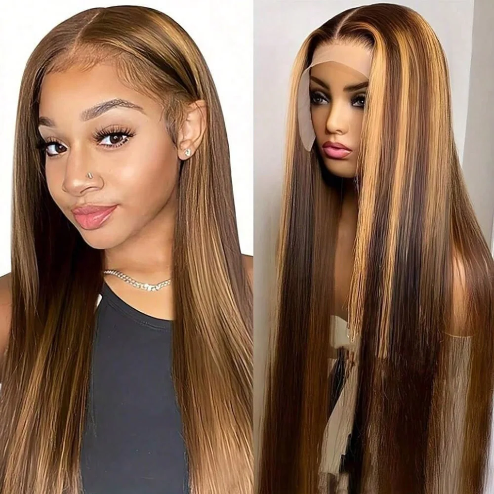 4/27 Highlight Ombre 200% Density 13x6 Lace Front Wigs Human Hair Pre Plucked Straight HD Transparent Lace Front Human Hair Wigs