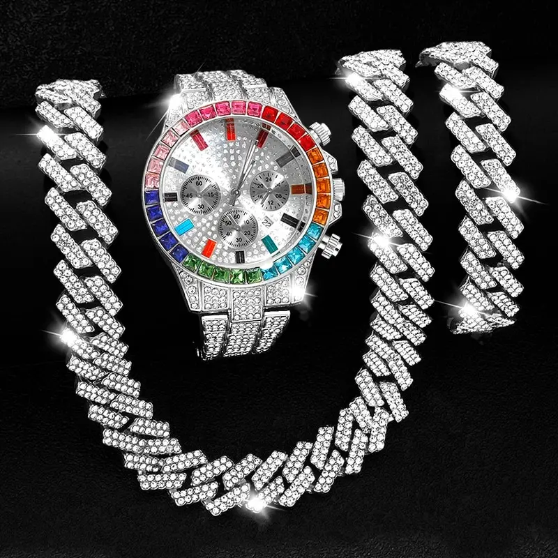 Hip Hop Men Women Watches Iced Out Necklace+Watch+Bracelet Set Bling 2 Row Prong Cuban Link Chain Necklace Hiphop Jewelry