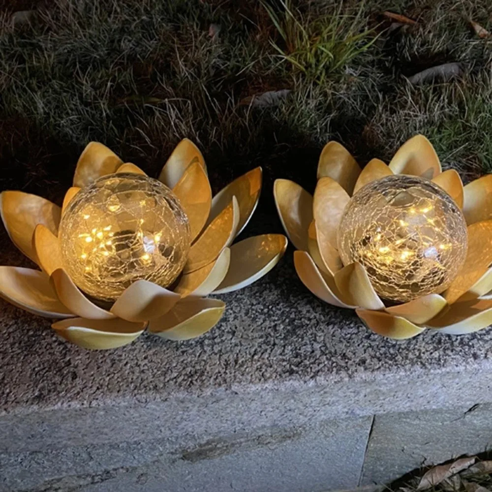 Artistic Crack Glass Ball Solar Lotus Lamp LED Waterproof Garden Lawn Light Flower Lawn Ornament Outdoor