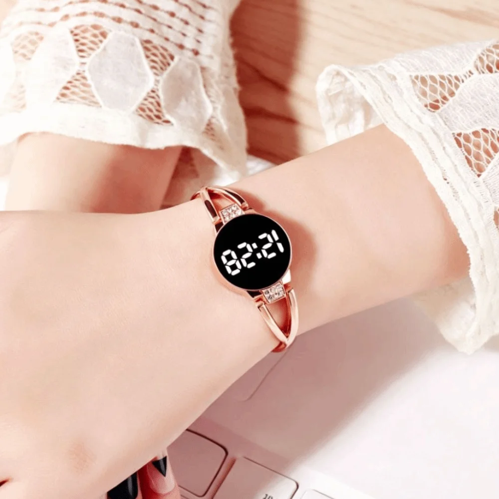 Female Touch Screen LED Watch Metal Bracelet Rhinestone Bangle Watch LED Display Round Digital Watch Women