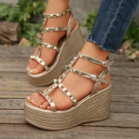 Summer Fashion Women Gold Rivet Studded Wedge Sandals Ankle Strap Espadrille Platform Sole Party Vacation Outdoor Casual Shoes - Image 6