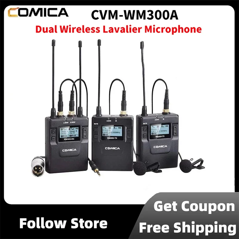 Comica CVM-WM300A UHF 96 Channel Professional Lapel Lav Microphone Dual Wireless Lavalier Microphone for DSLR Canon Sony Camera