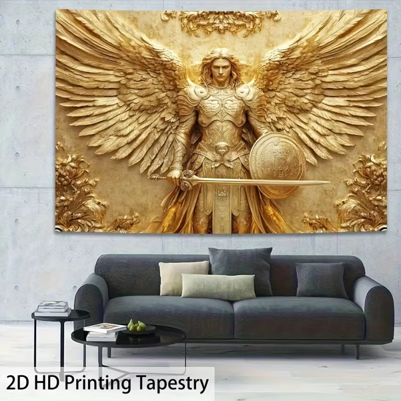 Goldener Erzengel Michael Wandteppich, religiöse Wandkunst für Schlafzimmer, Wohnzimmer, Kopfteil, Flachdruck, verschiedene Größen
