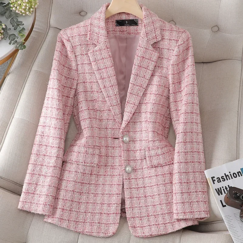 Blazer rosa elegante feminino com botão de pérolas, terno feminino, jaqueta de trabalho, casaco, vestido de baile, rosa, escritório, senhora, menina, negócios, moda primavera, 1 peça