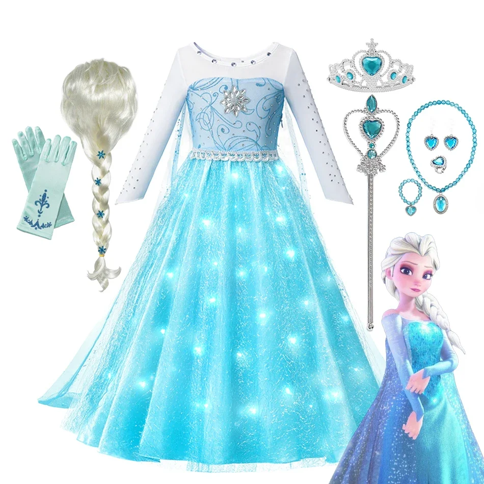 

Disney Frozen Elsa Princess Girls LED Light Up Dress Halloween Carnival Clothing Party Kids Cosplay Snow Queen Children Costume