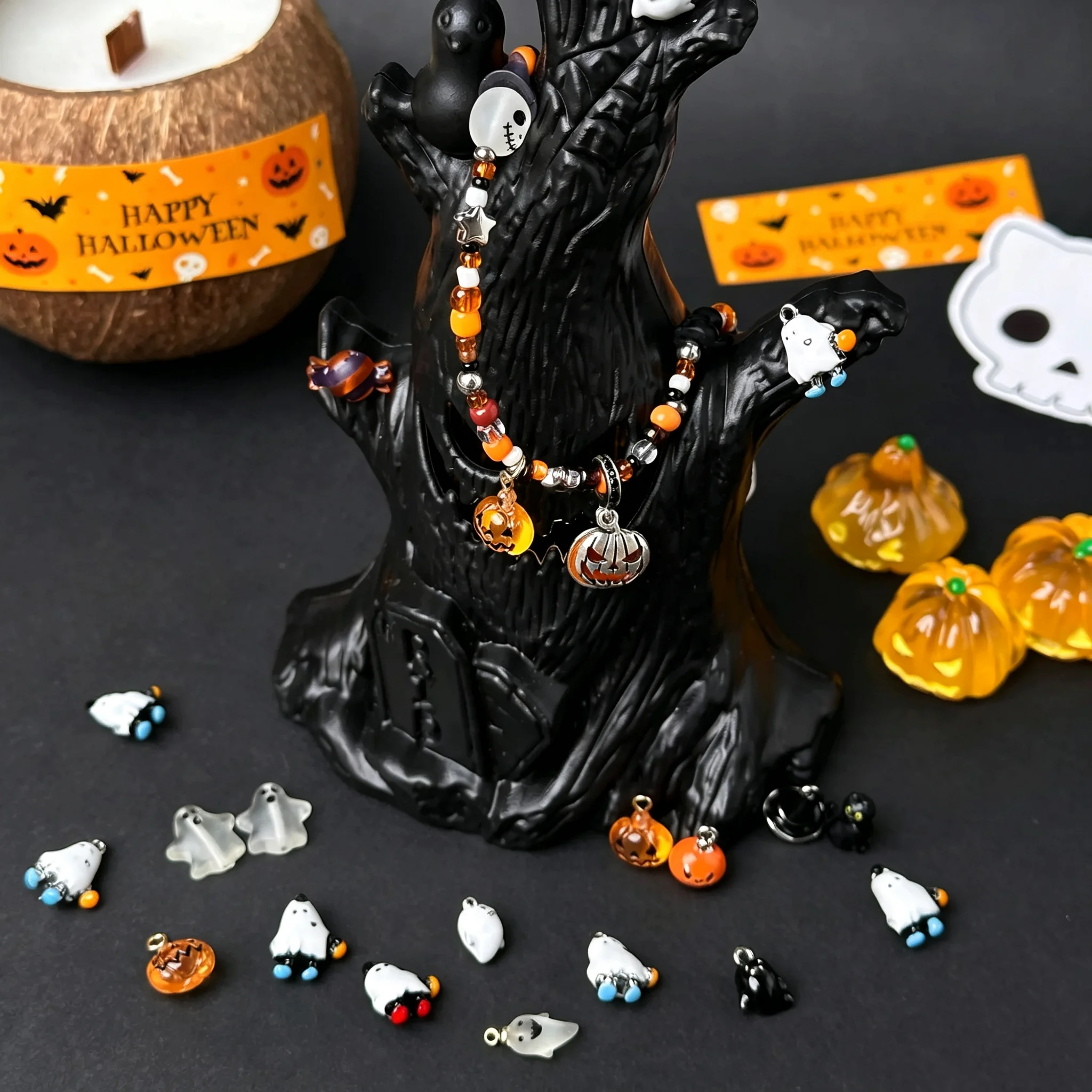 Halloween Pumpkin Ghost Black Cat Charms & Loose Beads, DIY Halloween Ornament Jewelry Making Supplies