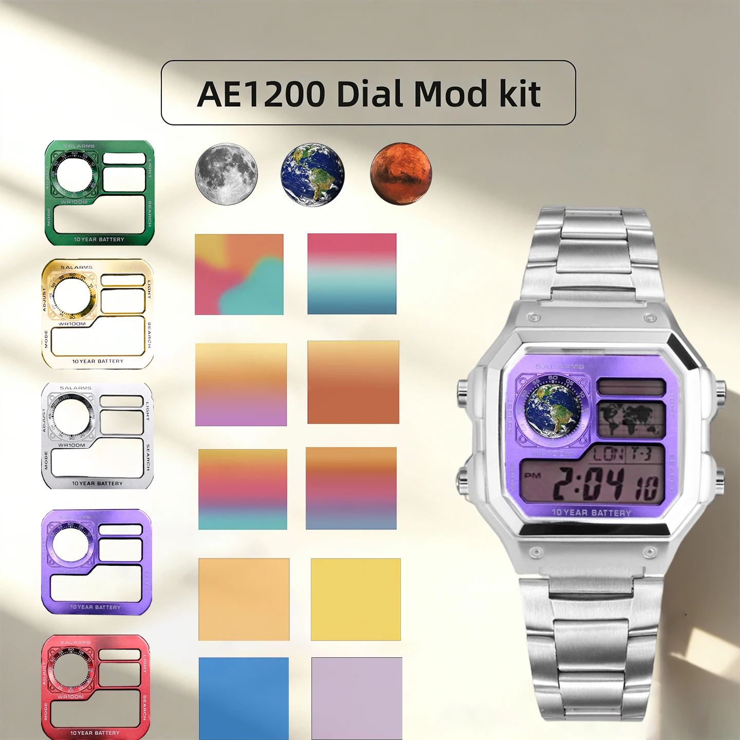 AE1200 one-stop mod kit for Casio 3229 AE-1200 metal surface stainless steel case 1200 DIY color changing film circular sticker