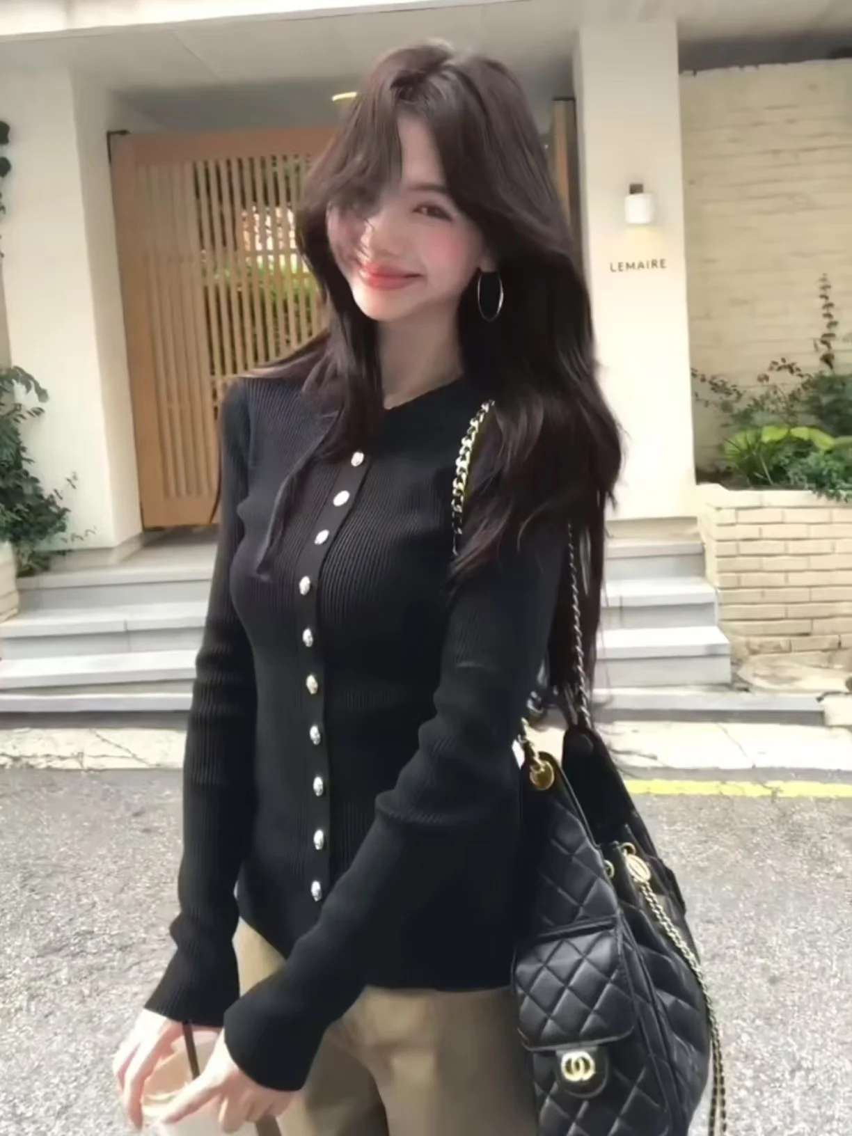 

Korean Sle Miu Bla Knitted Open Cardigan Women's Autumn High Waist Slim Fit Sweater Jaet Metal Bule Casual Faion