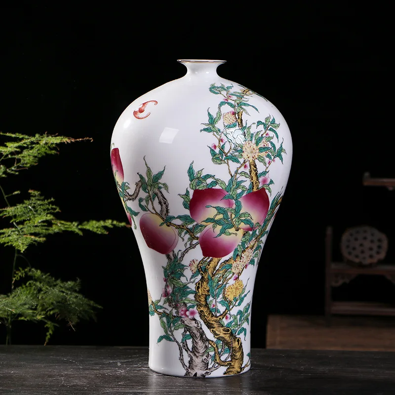YFY  Antique Chinese pastel nine peach celestial ball vase, vase decorative ornament, home living room porcelain