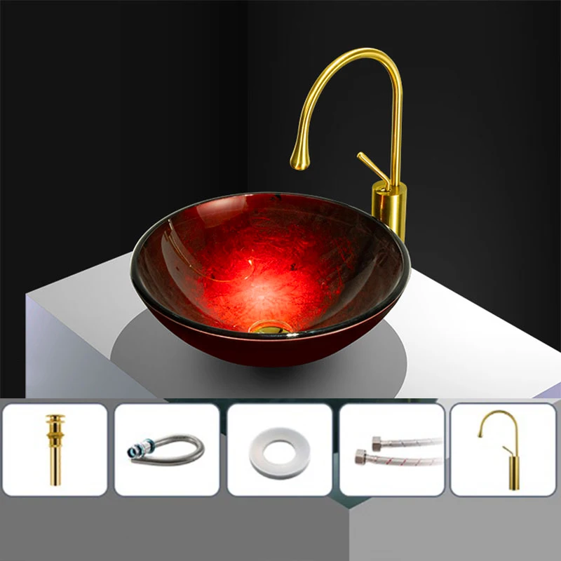 Bathroom Gold Sink Tempered Glass Washbasin Round Bowl Basin Hotel Luxury Countertop Art Basin Home Balcony Glossy Vessel Sink