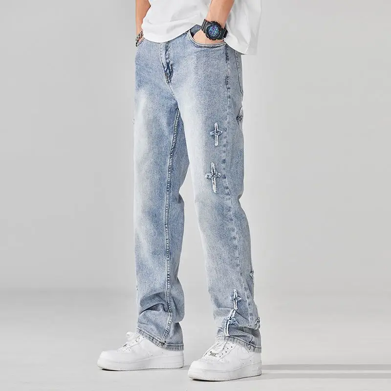 

Бренд 2023, осенние новые рваные джинсы, мужские светлые прямые повседневные брюки в стиле ретро, светло-голубые брюки, мешковатые джинсы