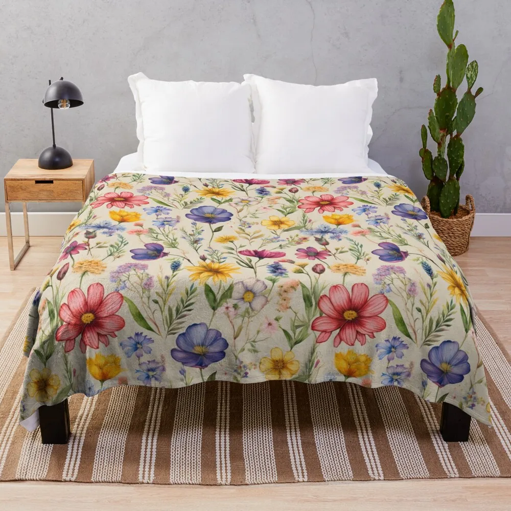 

Watercolor Wild Flower Field Throw Blanket Stuffeds Thin Vintage Heavy Blankets