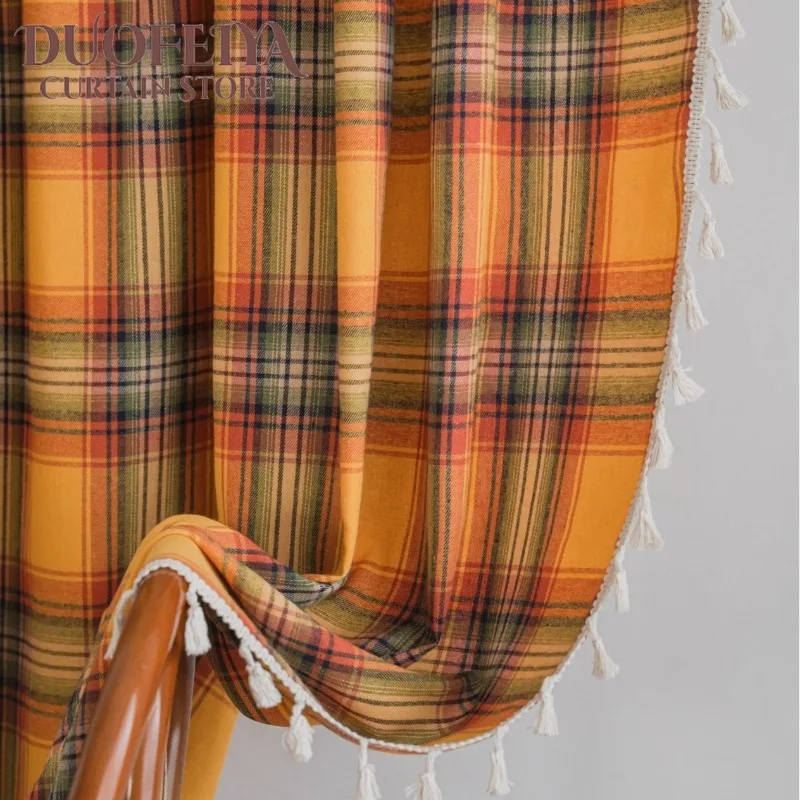 Orange Plaid Yarn-dyed French Curtains Semi-blackout Curtains for Living Dining Room Bedroom Luxury Tulle Decoration Lace Drapes